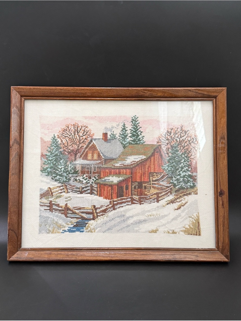 Winter Scene Farmhouse Counted Cross Stitch Framed Needlework 15”X12”